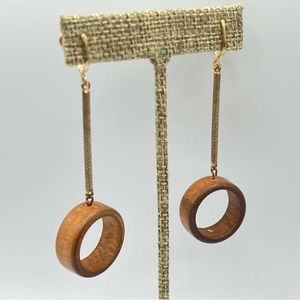 Vintage wooden circle 3” clip on earrings dangles classic gold & wood old stock